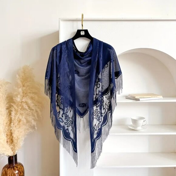 Accessories - Elegant Lightweight 1pc Triangle Shawl with Exquisite Lace Pattern - NEW